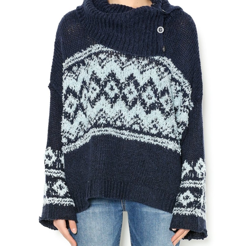 NWT Free People Fairisle Split-Neck Sweater Navy
